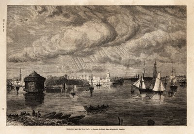 New York kikötőjének bejárata, Paul Huet (1803-1869) rajza az 1854-1855-ös észak-amerikai utazások illusztrálására, L. Deville. Metszet „” Le tour du monde”” 1861. Selva gyűjteményében. alkotó: Paul Huet