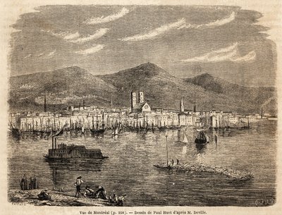 Montreal látképe, Paul Huet (1803-1869) rajza az 1854-1855-ös észak-amerikai utazások illusztrálására, L. Deville. Metszet „” Le tour du monde”” 1861. Selva gyűjteményében. alkotó: Paul Huet