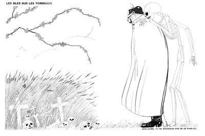 A halál közli Vilmos császárral, hogy soha nem fog francia katonák hulláin és sírjain termesztett búzából készült kenyeret enni, 1916. április 13. alkotó: Paul Iribe