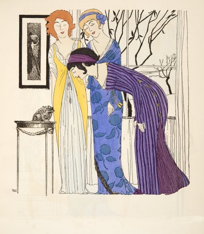 Három empire line ruha a Les Robes de Paul Poiret kocsmából. 1908 (sablonnyomat) alkotó: Paul Iribe