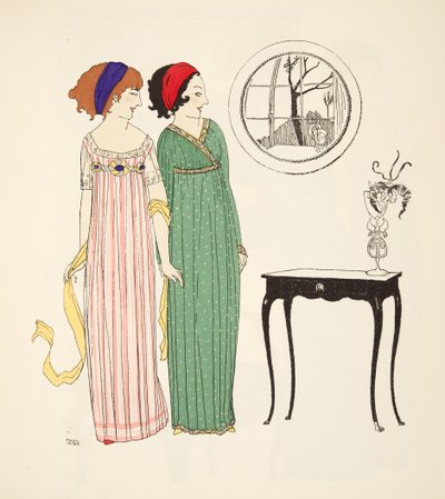 Két empire line nappali ruha a Les Robes de Paul Poiret pubból. 1908 (sablonnyomat) alkotó: Paul Iribe