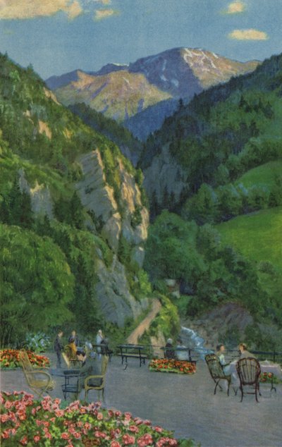 Svájci gyógyfürdők: Passugg, Kurhaus Garden Terrace (színes litho) alkotó: Paul Kutscha