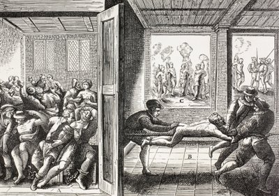 16. századi propaganda, amely a francia hugenották erőszakos fellépését mutatja be a dél-franciaországi katolikusok ellen. alkotó: Paul Lacroix