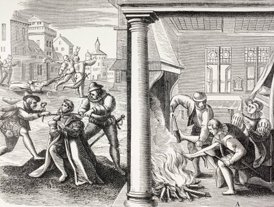 16. századi propaganda, amely a francia hugenották katolikusok elleni erőszakát szemlélteti. alkotó: Paul Lacroix