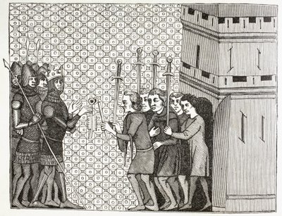 Egy város elfoglalása után a 14. században a helyőrség megadja magát, és a fogvatartók kegyelmére bízza magát. Egy 14. századi miniatúra után a Histoire Du Monde-ban. alkotó: Paul Lacroix