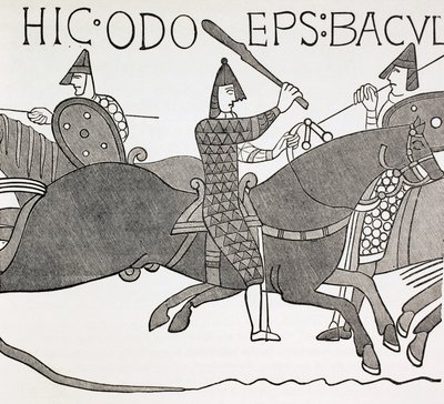 Edues püspök a hivatali botját tartva és Normandia hercegének katonáit biztatva a hastings-i csatában. A bayeux-i faliszőnyeg egyik részlete után. alkotó: Paul Lacroix