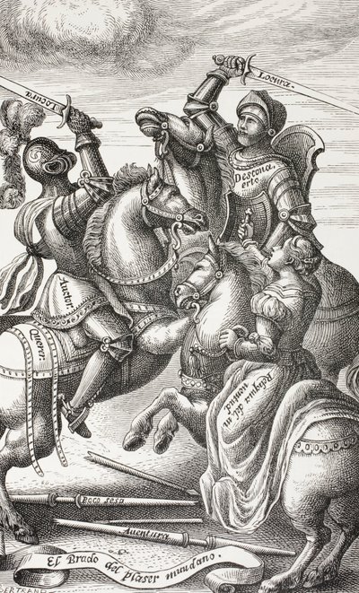 Allegorikus alakok által ábrázolt lovagiasság. Lóháton harcoló lovagok. Egy 16. századi rézkarc után. alkotó: Paul Lacroix