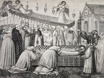 Nursiai Szent Benedek vagy San Benedetto Da Norcia halála, 480-547, a Monte Cassino-i apátságban. alkotó: Paul Lacroix