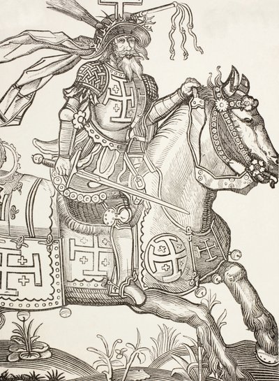 Godfrey Of Bouillon, 1060-1100 körül, középkori frank lovag. Az első keresztes hadjárat egyik vezetője. Itt Krisztus szenvedésének eszközeivel megkoronázva látható. Egy 15. századi fametszet után. alkotó: Paul Lacroix
