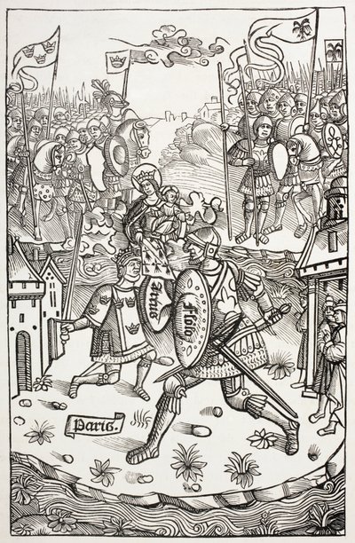 Artus király, vagy Artúr, a Szűz által védve, egy óriással harcol. A Chroniques De Bretagne-ban található fametszet után, Alain Bouchard, Kiadva 1514-ben. alkotó: Paul Lacroix
