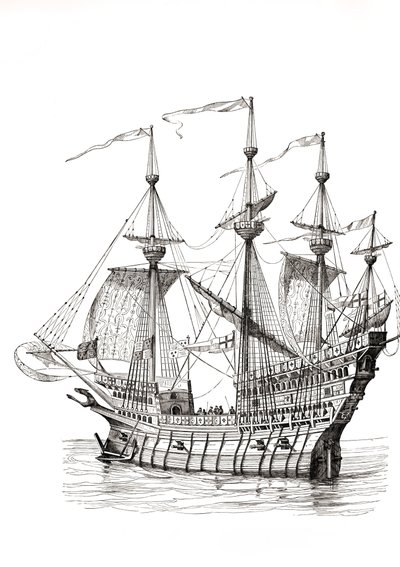 A hadihajó, amely 1520-ban Vii. Henrik királyt Angliából Franciaországba szállította, hogy találkozzon I. Ferenccel az Aranyruhás mezőn. Holbein rajza után. alkotó: Paul Lacroix