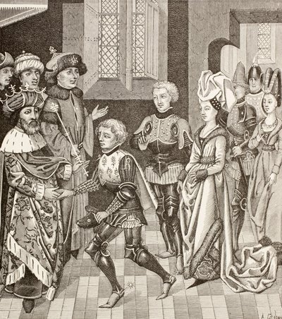 Gautier-Sans-Avoir fogadása a magyar király által, aki engedélyezi neki, hogy az első keresztes hadjárat során a keresztesekkel együtt átvonuljon a területén. alkotó: Paul Lacroix