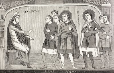 Savinus és Cyprianus szentek megvallják Galerius Maximus prokonzulnak, hogy keresztények. Egy 11. századi freskó után a franciaországi Vienne-i Szent Savin-templomban. alkotó: Paul Lacroix