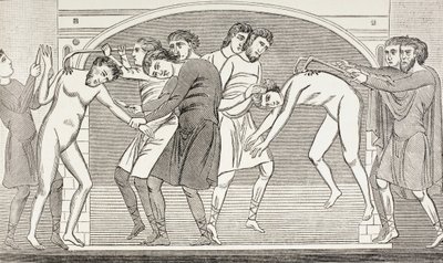 Savin és Cyprianus szentek, akiknek testét vaskampókkal tépték le a testükről. Egy 11. századi freskó után a Vienne-i Szent Savin-templomban, Franciaországban. alkotó: Paul Lacroix