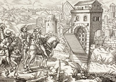 Egy város ostroma. Az ostromló hadsereg feltételeket olvas fel a város megadására és a kapuk megnyitására. alkotó: Paul Lacroix
