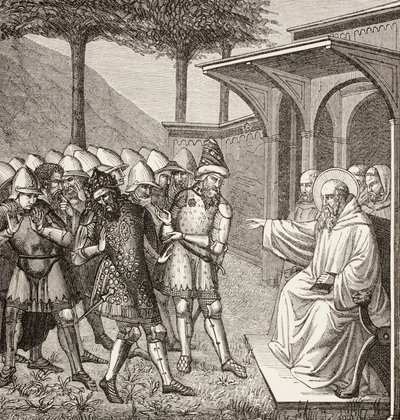 Nursiai Szent Benedek azzal vádolja Baduila aka Totilát, az ostrogótok királyát, hogy becsapta őt, és megjósolja a halálát. alkotó: Paul Lacroix