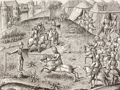 A Quintainra billegve, Egy lovag forgó képmása. A 15. századi Chroniques De Charlemagne miniatűrje után. alkotó: Paul Lacroix