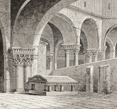 Godfrey De Boullon sírja, 1060-1100 körül, ahogyan a jeruzsálemi Szent Sír templomban állt. A síremlék mára elpusztult. A helyszínen 1828-ban készült rajz alapján. alkotó: Paul Lacroix