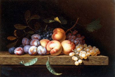 Őszibarack, szilva és szőlő kőpárkányon, alkotó: Paul Liegeois
