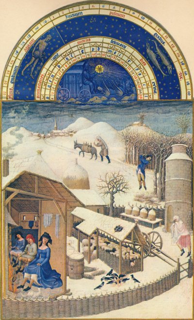 Február - falu a hó alatt, 15. század, 1939. alkotó: Paul Limbourg