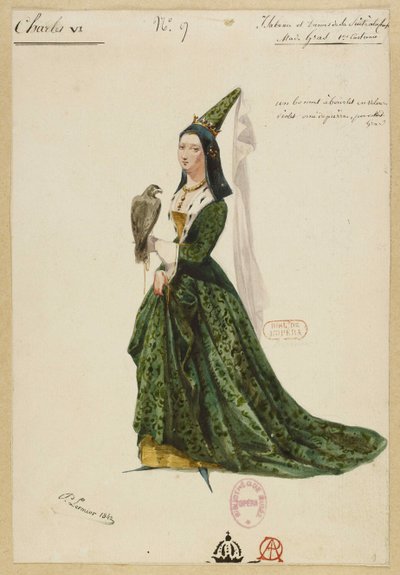 Bajor Izabella. Halévy Fromental VI. Károly című operájának jelmezterve, 1843. alkotó: Paul Lormier