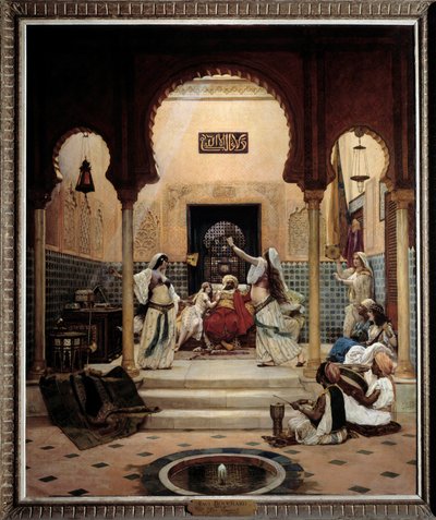 A keleti táncosok (has) háremben elvonják a pasa figyelmét. Paul Bouchard (1853-1937) festménye 1893 V. 1,6x1,3 m Párizs, Muse d