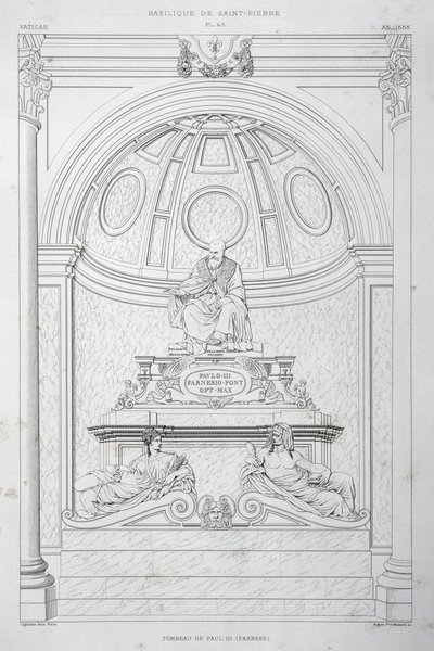 III. Pál pápa (Farnese) temetési emlékműve, metszet a Vatikánból és a Szent Péter-bazilikából alkotó: Paul Marie Letarouilly