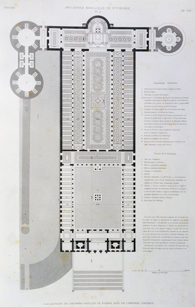 Konstantin császár által épített régi bazilika restaurált elrendezése, metszet a Vatikánból és a Szent Péter-bazilikából alkotó: Paul Marie Letarouilly