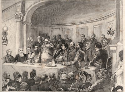 A rabszolgaság elleni kongresszus 1890. szeptember 21-én, 22-én és 23-án Párizsban került megrendezésre a Földrajzi Társaságban Jules Simon, Emile Keller és Monseigneur Lavigerie jelenlétében. Metszet Paul Merwart 1890-es „The Illustrous World” című rajza  alkotó: Paul Merwart