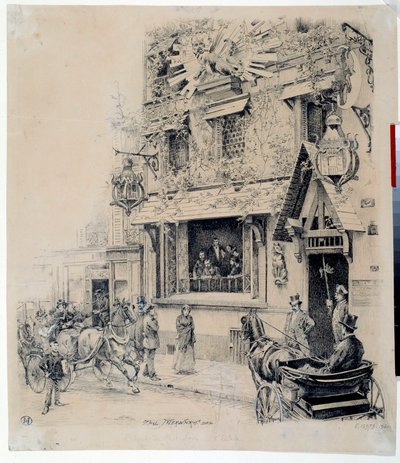Kilátás a Cabaret du Chat Noir bejáratára. Paul Merwart (1855-1902) tusrajza 19. századi Párizs, Musee Carnavalet alkotó: Paul Merwart