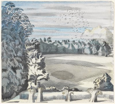 Táj bástyakkal, 1913-1914 körül (fekete kréta és akvarell papíron) alkotó: Paul Nash