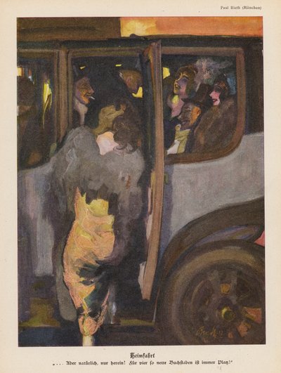 Nő autóba ül, hogy hazautazzon egy éjszaka után (színes litho) alkotó: Paul Rieth