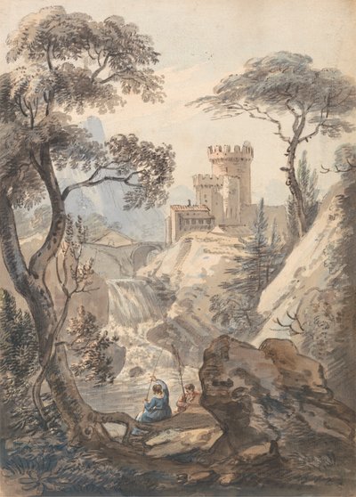 Olasz táj kastély, vízesés és horgászok alkotó: Paul Sandby