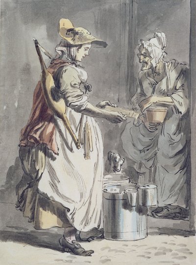 London Cries: A Milkmaid, 1759 körül (toll és tus ecset, akvarell és grafit papíron) alkotó: Paul Sandby