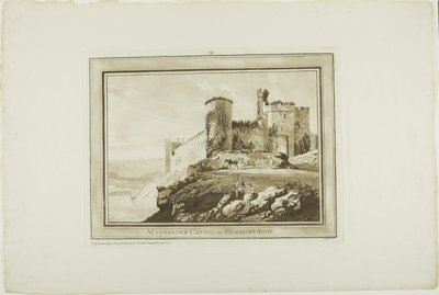 Manorbier kastély Pembrokeshire-ben, a Tizenkét nézetből Aquatintában a Dél-Wales-i helyszínen készített rajzokból alkotó: Paul Sandby