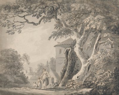 Romantikus táj alakokkal és kutyával alkotó: Paul Sandby
