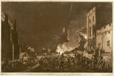Windsori kastély az alsó udvarból november ötödikén – tűzijáték alkotó: Paul Sandby