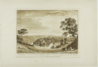 Wynnstay, Sir Watkin Williams székhelye Wynn Bart egy kunyhóból a Dee folyón átívelő Új híd felett, Denbigh Shire alkotó: Paul Sandby