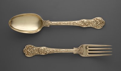 Desszertvilla vadászjelenetekkel és desszertkanál vadászjelenetekkel, 1822 körül alkotó: Paul Storr