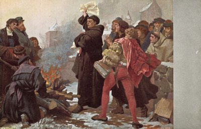 Luther Márton a németországi wittenbergi Elstertor előtt elégette a pápai bullát, amelyben kiközösítéssel fenyegetőzik, 1520. december 10-én. alkotó: Friedrich Paul Thumann