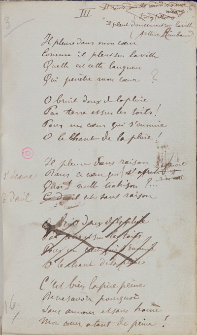 "Sír a szívemben, ahogy esik az eső a városra...", A "Romances Sans Paroles" kézzel írott verse, 1873 (toll és tinta papíron) alkotó: Paul Verlaine
