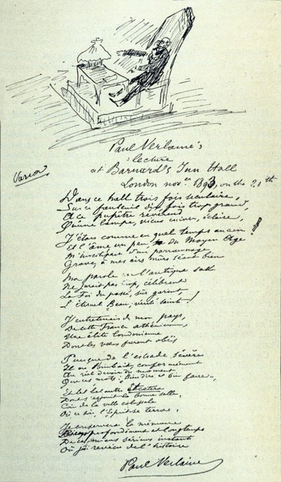 Paul Verlaine (1844-1896) francia költő verses jele a képviselő vázlatával felolvasás közben. 1893.11.21 alkotó: Paul Verlaine