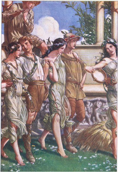 Juno, Ceres és a nimfák és a Kaszás maszkja, illusztráció a viharból, 1908 alkotó: Paul Vincent Woodroffe