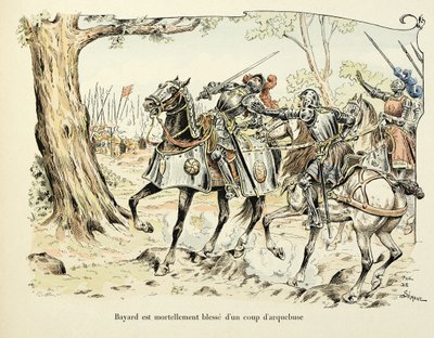 Illusztráció Theodore Cahu „Histoire du chevalier Bayard” című könyvéből, illusztrálta: Paul De Semant (1855-1915): Bayard halálosan megsebesíti az 1524-es arquebuse-lövést alkotó: Paul de Semant