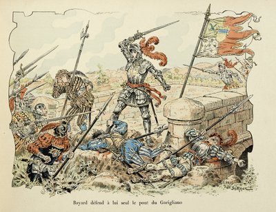 Illusztráció Theodore Cahu „Histoire du chevalier Bayard” című könyvéből, illusztrálta Paul De Semant (1855-1915): Bayard csak a Garigliano hidat védi 1504 alkotó: Paul de Semant