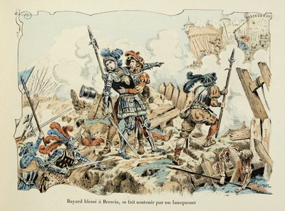 Illusztráció Theodore Cahu „Histoire du chevalier Bayard” című könyvéből, illusztrálta: Paul De Semant (1855-1915): Bayard megsebesíti a Bresciát egy lansquenet 1512-vel megtámasztva alkotó: Paul de Semant