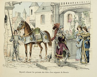 Illusztráció Theodore Cahu „Histoire du chevalier Bayard” című könyvéből, illusztrálta Paul De Semant (1855-1915): Bayard megtagadja Brescia úr lányainak ajándékait 1512-ben alkotó: Paul de Semant
