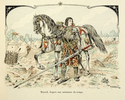 Illusztráció Theodore Cahu „Histoire du chevalier Bayard” című könyvéből, illusztrálta Paul De Semant (1855-1915): Bayard portréja a korszak miniatúrája után alkotó: Paul de Semant