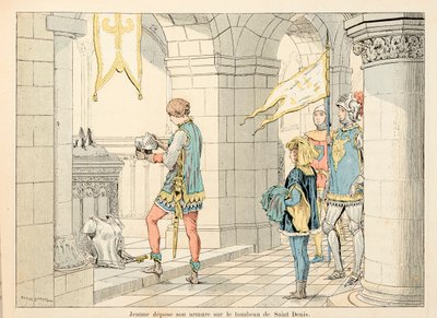 Illusztráció Theodore Cahu „” Joan of Arc „” című könyvéből, amelyet Paul De Semant (1855-1915) illusztrált: Joan of Arc páncélját Szent Denis sírjára helyezi alkotó: Paul de Semant