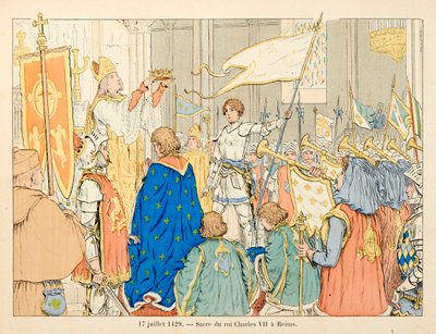 Illusztráció Theodore Cahu „Janna of Arc” című könyvéből és Paul De Semant (1855-1915) illusztrálásával: VII. Károly király szentsége Reimsben július 17-én alkotó: Paul de Semant